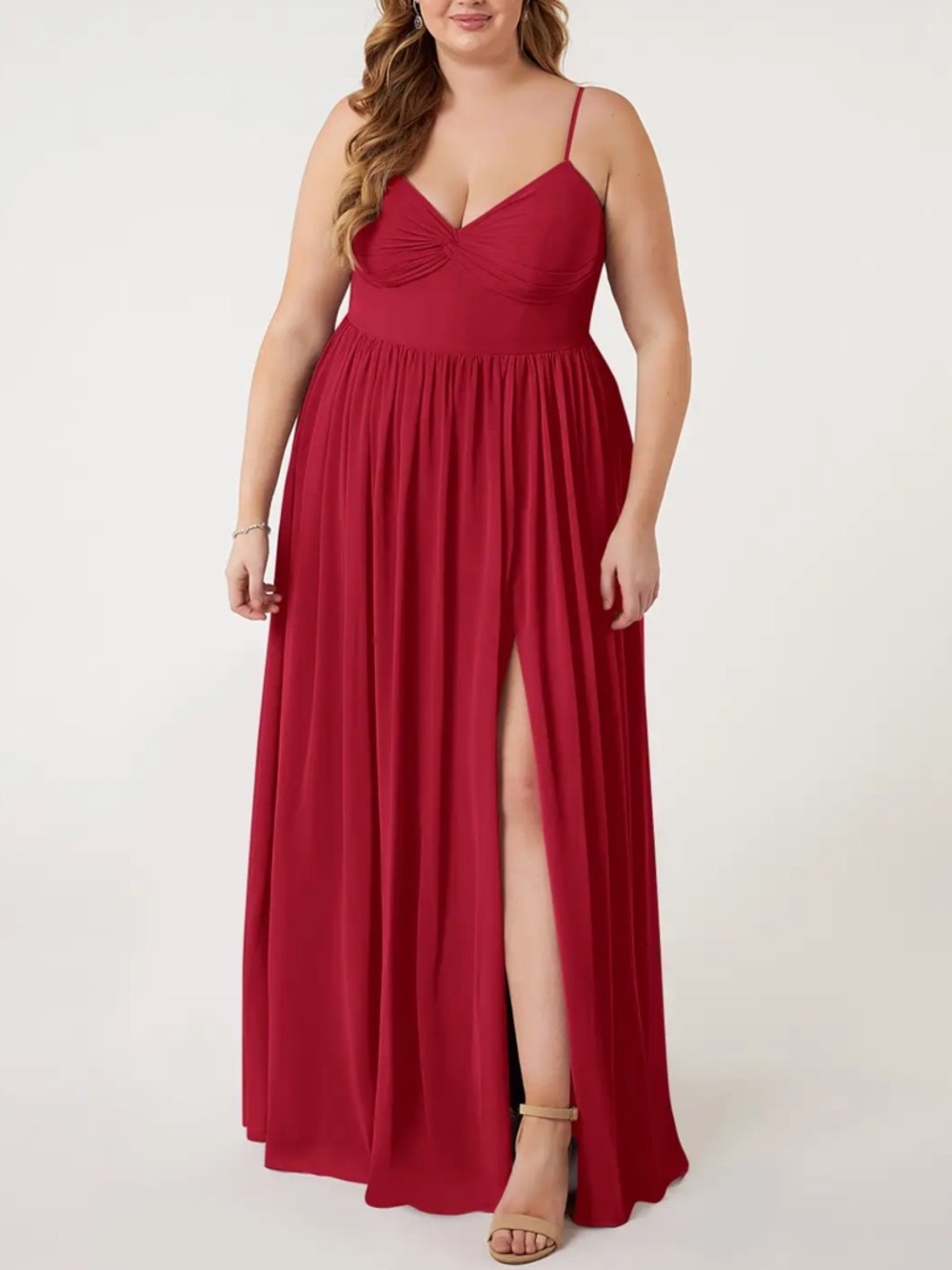 Unaltered Azazie Zeya A14 in Scarlet Spaghetti Strap Bridesmaid Maxi Dress